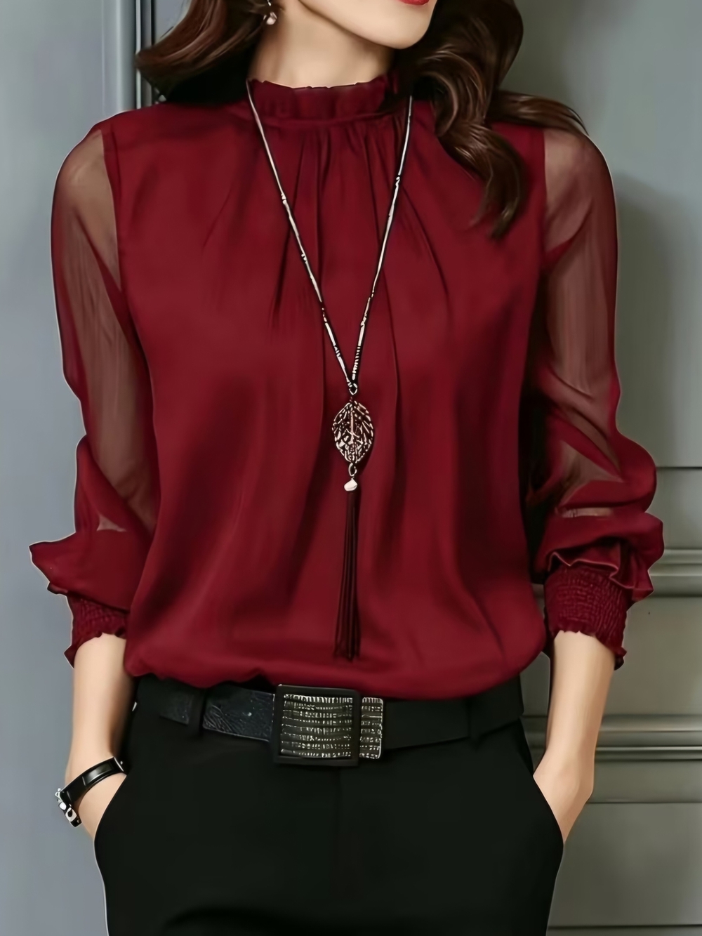 Women’s Burgundy Sheer Sleeve Blouse - Elegant Office Top